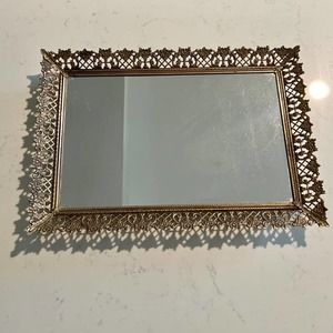 1950's Gold Ormolu Filigree metal and Mirror Vanity Tray
